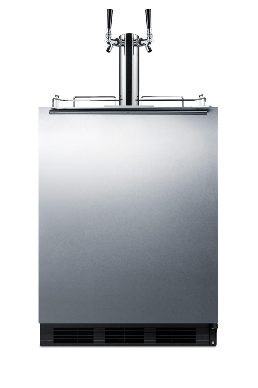 Built-in undercounter ADA height commercially listed dual tap combination beer and wine dispenser with stainless steel door and black cabinet